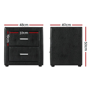 Black faux leather bedside table with two drawers, dimensions labeled 48x40x50 cm