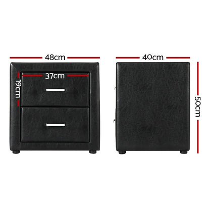 Black faux leather bedside table with two drawers, dimensions labeled 48x40x50 cm