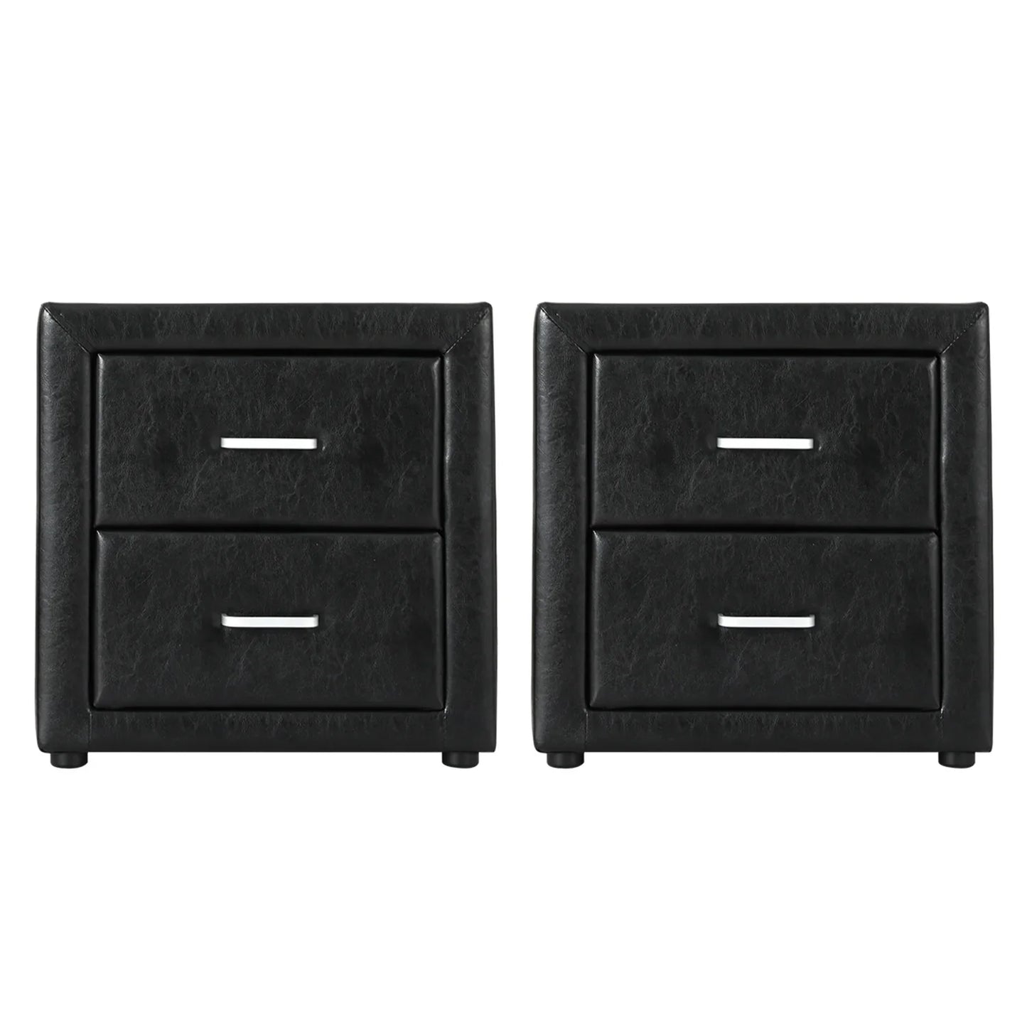 Pair of black faux leather nightstands with two drawers and modern handles