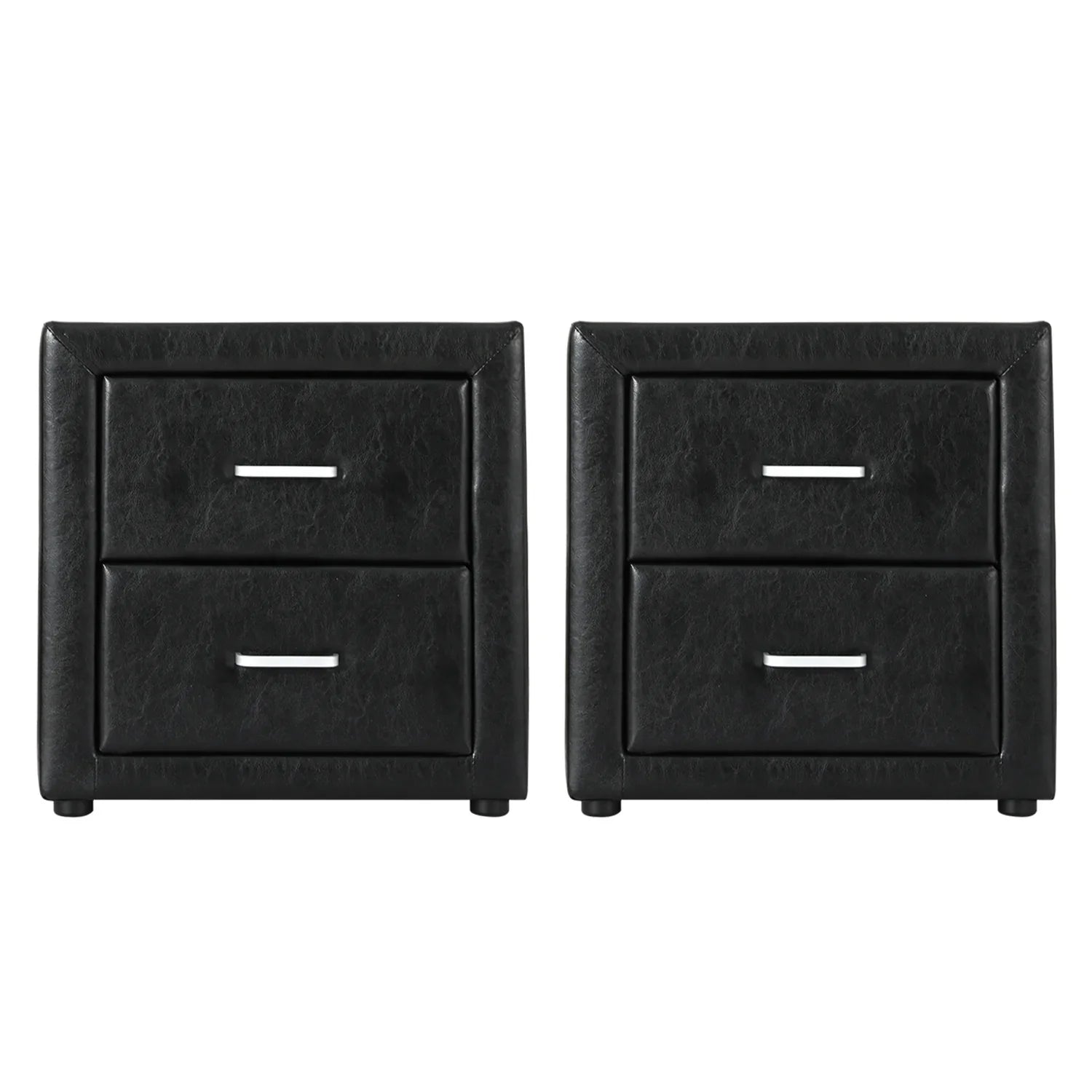 Pair of black faux leather nightstands with two drawers and modern handles