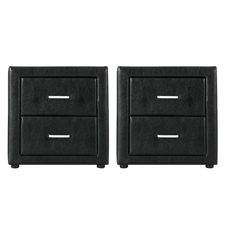 Pair of black faux leather nightstands with two drawers and modern handles