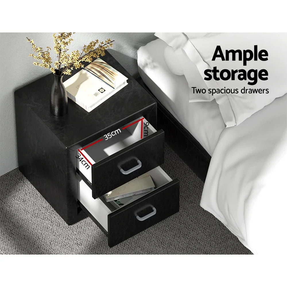 Black bedside table with two spacious drawers, ample storage, dimensions labeled in centimeters