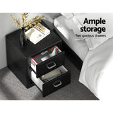 Black bedside table with two spacious drawers, ample storage, dimensions labeled in centimeters