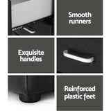 Black storage furniture details with smooth runners, exquisite handles, reinforced plastic feet