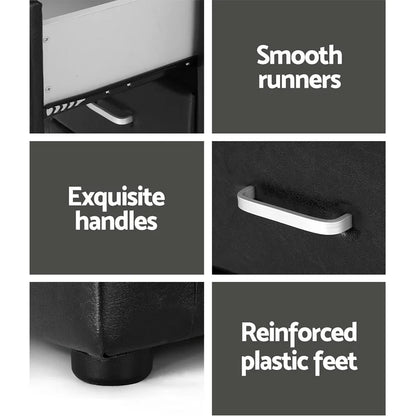 Black storage furniture details with smooth runners, exquisite handles, reinforced plastic feet