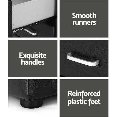 Black storage furniture details with smooth runners, exquisite handles, reinforced plastic feet