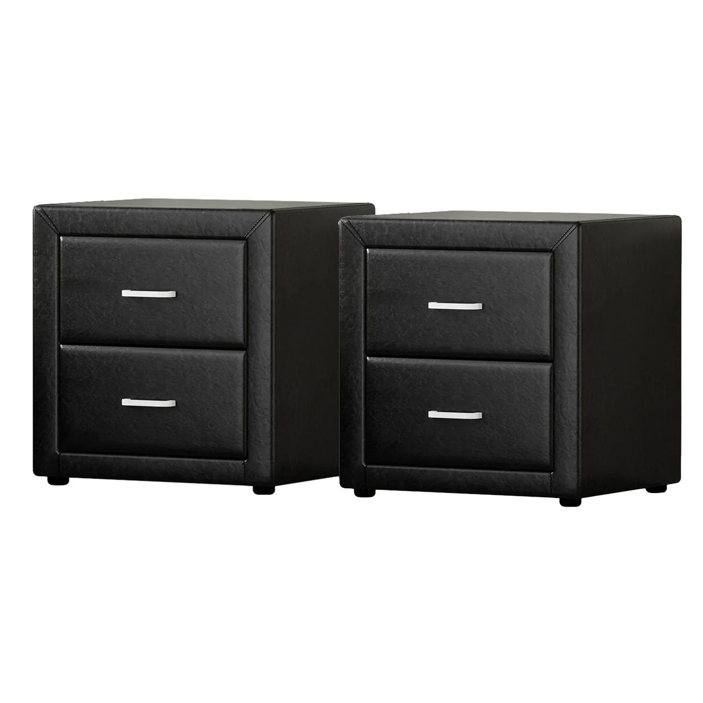 Pair of black leather nightstands with two drawers and silver handles