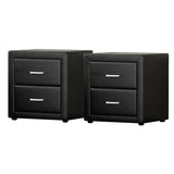 Pair of black leather nightstands with two drawers and silver handles