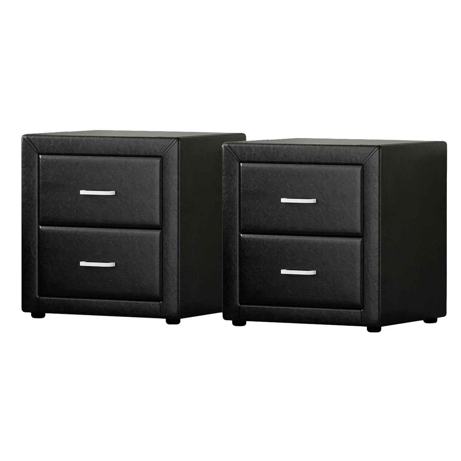 Pair of black leather nightstands with two drawers and silver handles