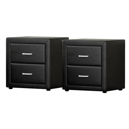 Pair of black leather nightstands with two drawers and silver handles