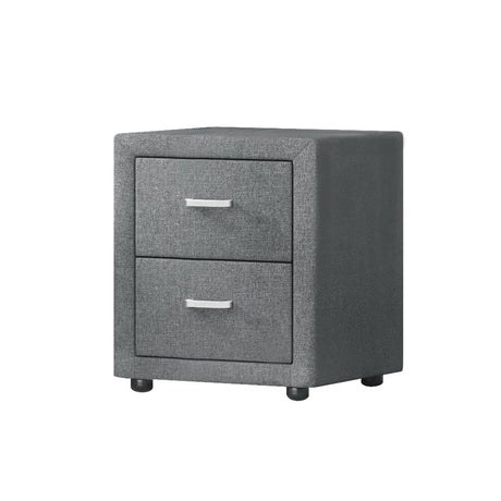 Modern grey fabric two-drawer nightstand with metal handles on white background
