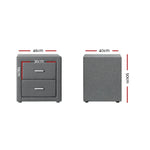 Gray upholstered bedside table with two drawers, shown with detailed measurements in centimeters