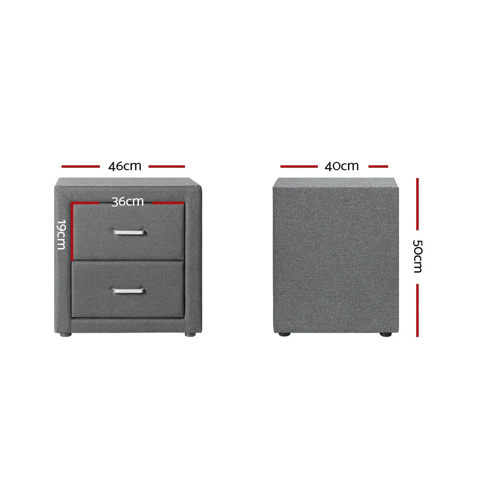 Gray upholstered bedside table with two drawers, shown with detailed measurements in centimeters