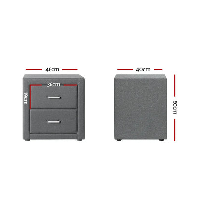 Gray upholstered bedside table with two drawers, shown with detailed measurements in centimeters