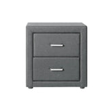 Modern gray fabric nightstand with two drawers and metal handles on white background