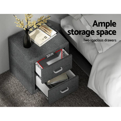 Gray bedside table with two spacious drawers, ample storage, measured with dimensions, modern decor.