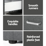 Grey furniture close-up showing smooth runners, silver handles, reinforced plastic feet.