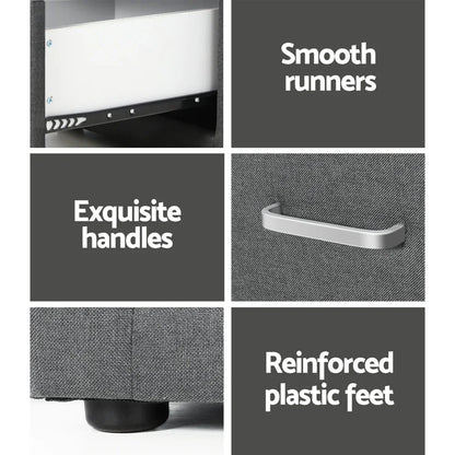 Grey furniture close-up showing smooth runners, silver handles, reinforced plastic feet.