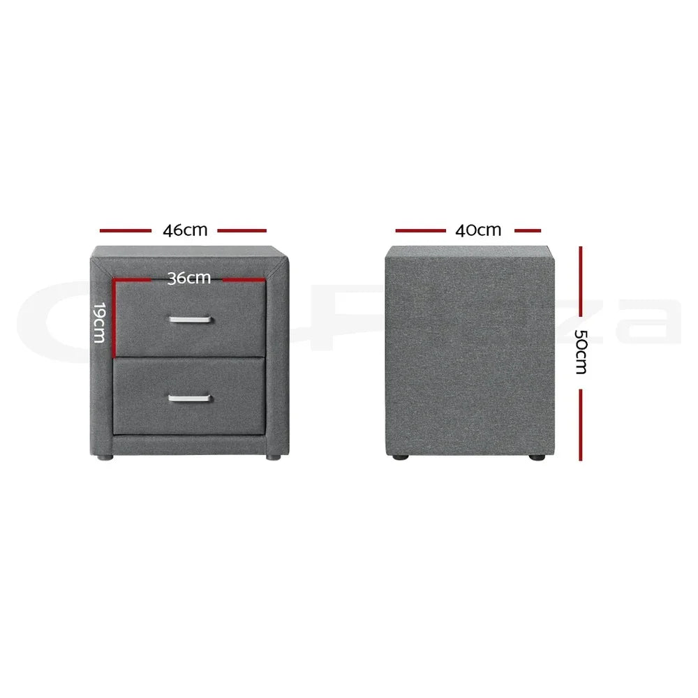 Grey upholstered nightstand with two drawers, shown with dimensions 46x40x50cm