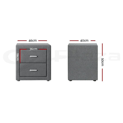Grey upholstered nightstand with two drawers, shown with dimensions 46x40x50cm