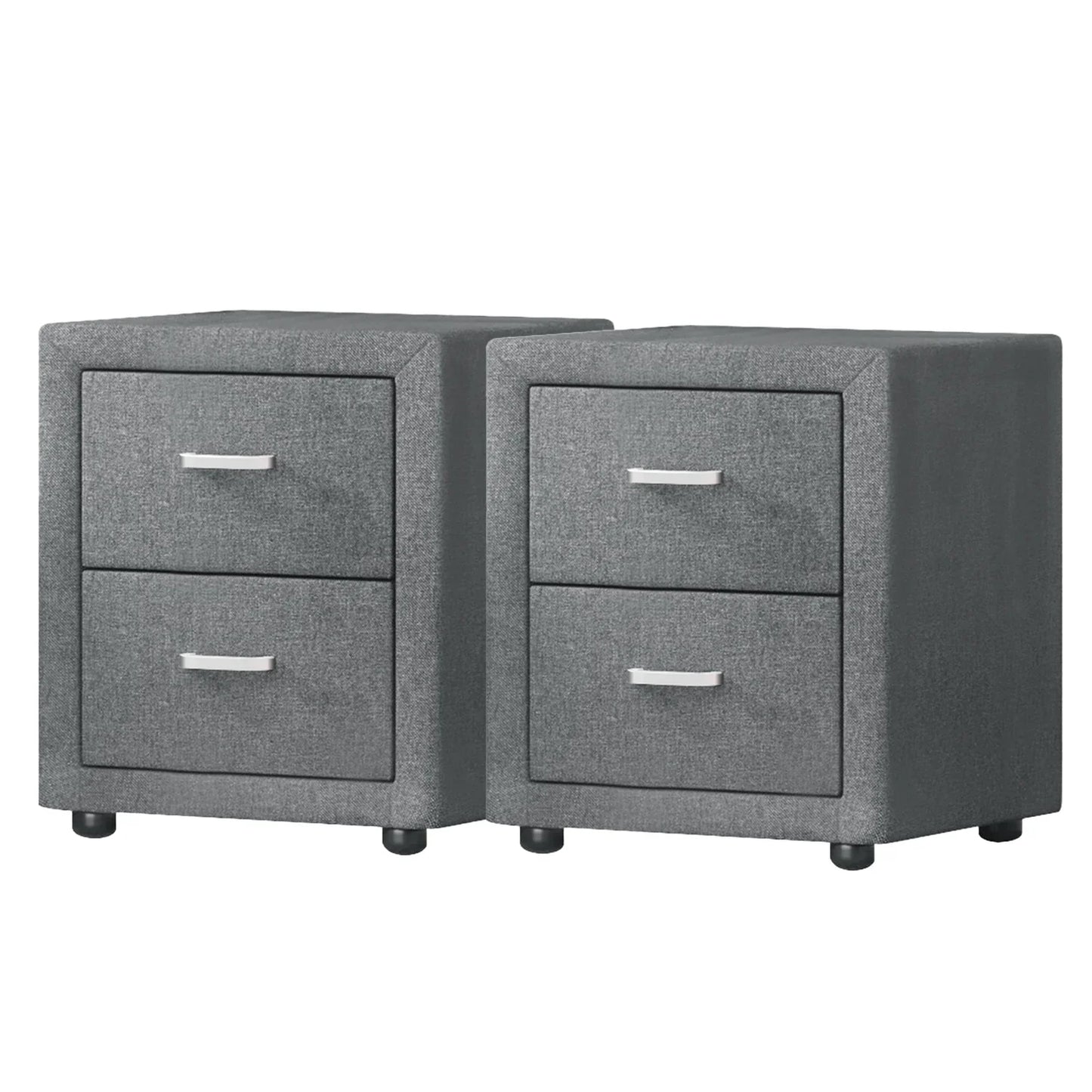 Pair of modern gray fabric nightstands with two drawers and sleek metal handles