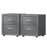Pair of modern gray fabric nightstands with two drawers and sleek metal handles