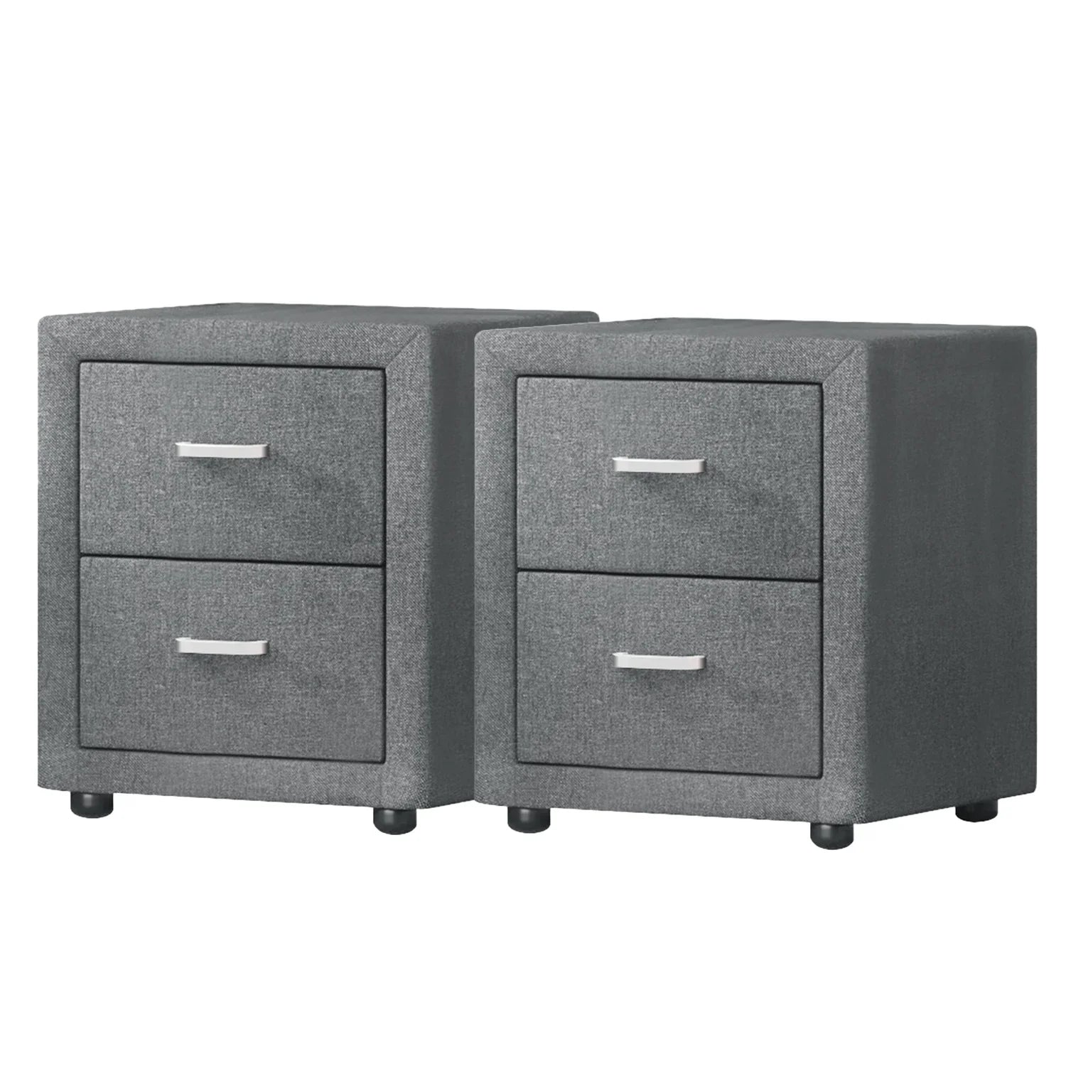 Pair of modern gray fabric nightstands with two drawers and sleek metal handles