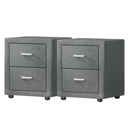 Pair of modern gray fabric nightstands with two drawers and sleek metal handles