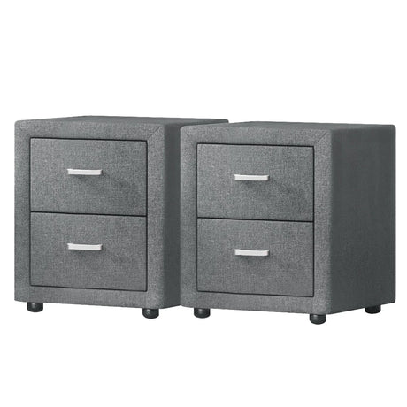 Pair of modern gray fabric nightstands with two drawers and sleek metal handles