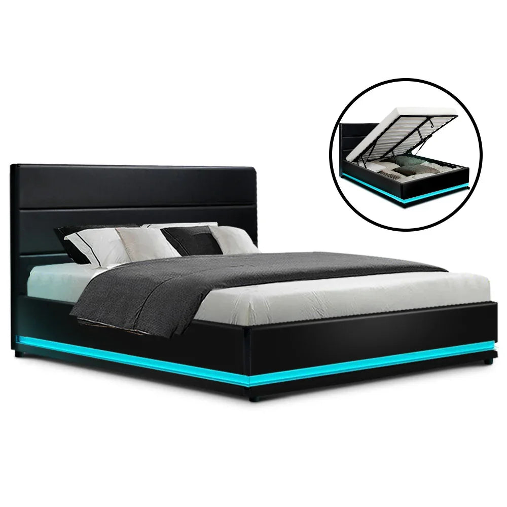 Black modern storage bed with LED base lighting and gray bedding, featuring lift-up storage compartment