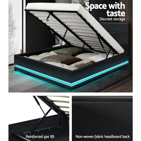 Black storage bed with gas lift mechanism and LED light strip, showcasing discreet under-bed storage and fabric headboard back