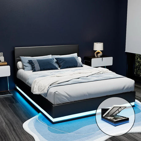 Modern black platform bed with blue LED lighting, gray bedding, and storage feature in stylish bedroom