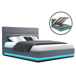 Modern gray upholstered bed with LED light strip and storage under mattress