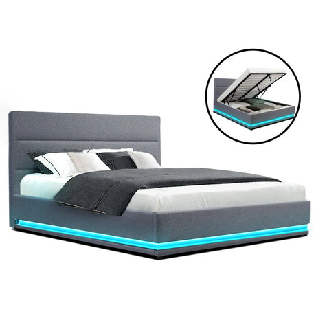 Modern gray upholstered bed with LED light strip and storage under mattress