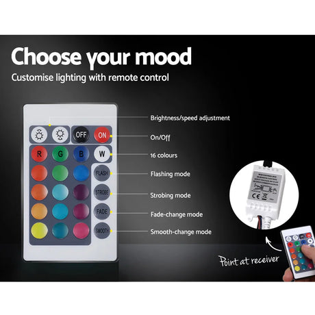 Remote control for customizable LED lighting with 16 colors and multiple modes including flashing, strobe, fade, and smooth