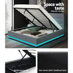 Gray storage bed with reinforced gas lift, LED lighting base, and non-woven fabric headboard back