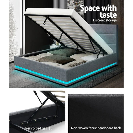 Gray storage bed with reinforced gas lift, LED lighting base, and non-woven fabric headboard back