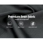Black premium linen fabric with text emphasizing soft touch, breathable, and wear-resistant qualities