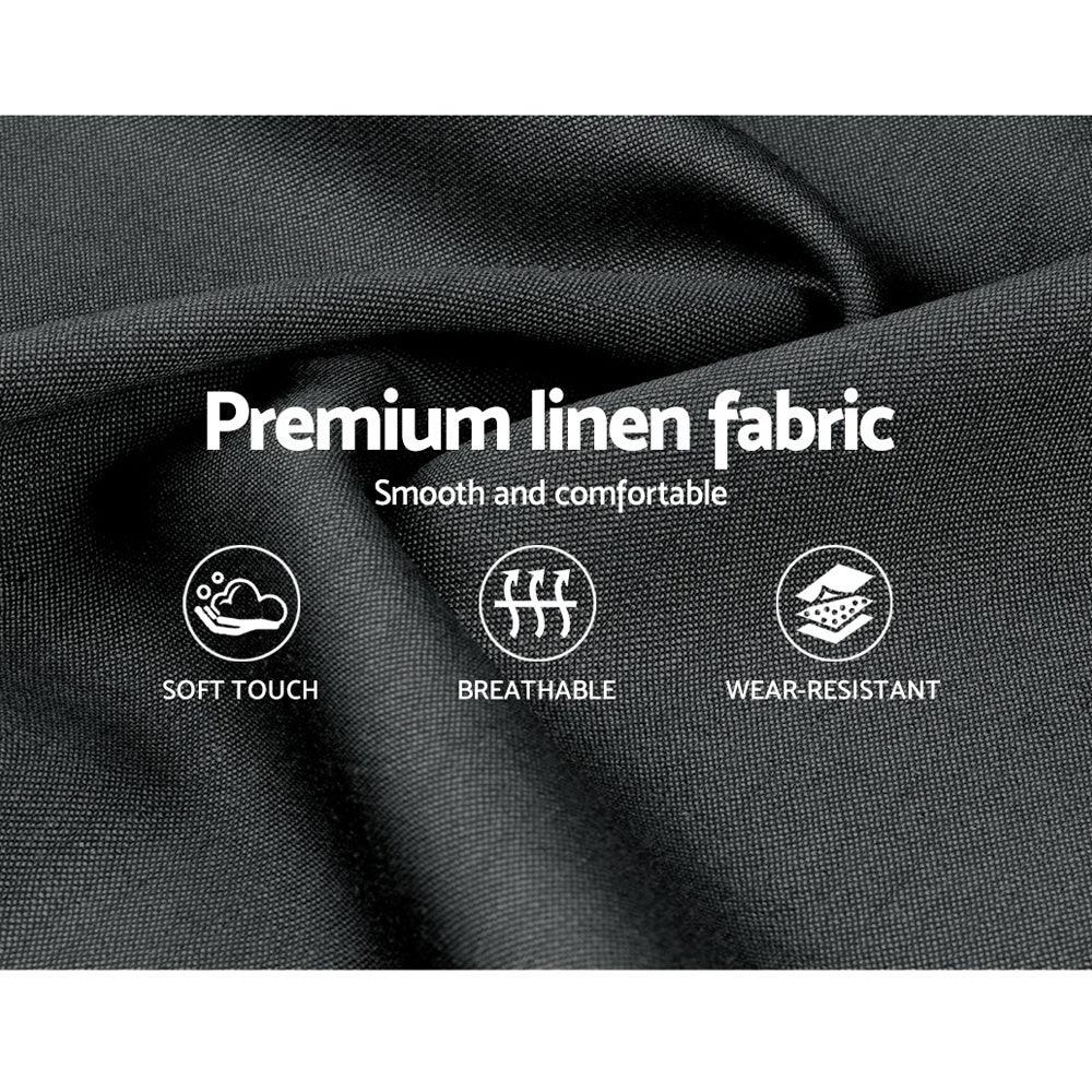 Black premium linen fabric with text emphasizing soft touch, breathable, and wear-resistant qualities