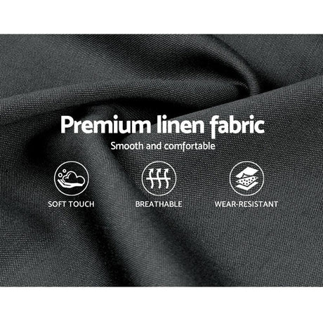 Black premium linen fabric with text emphasizing soft touch, breathable, and wear-resistant qualities