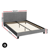 Gray upholstered queen bed frame with wooden slats and black legs, dimensions labeled