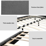 Gray premium linen fabric texture, thick wooden slats bed frame, easy to assemble wooden bed base
