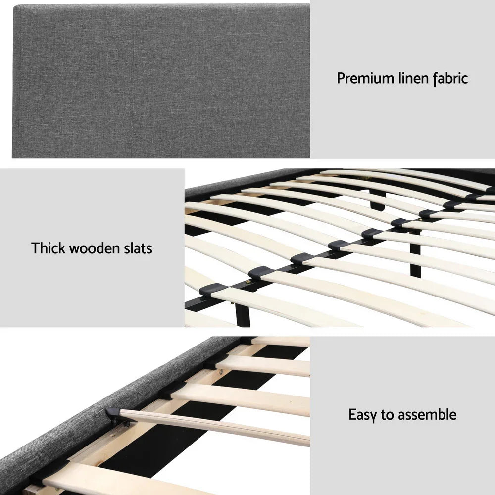 Gray premium linen fabric texture, thick wooden slats bed frame, easy to assemble wooden bed base