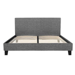 Modern gray upholstered platform bed frame with wooden slats and tall headboard