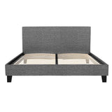Modern gray upholstered platform bed frame with wooden slats and tall headboard
