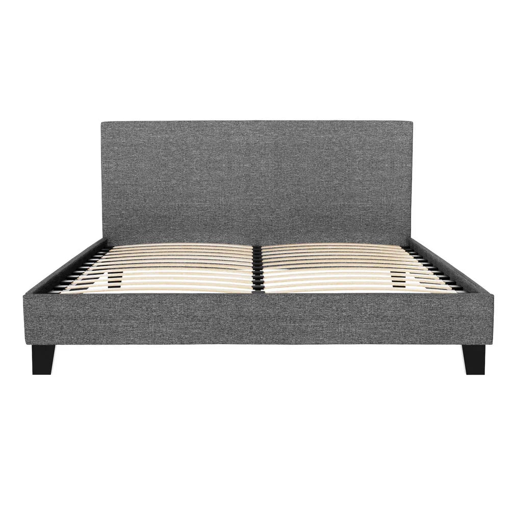 Modern gray upholstered platform bed frame with wooden slats and tall headboard