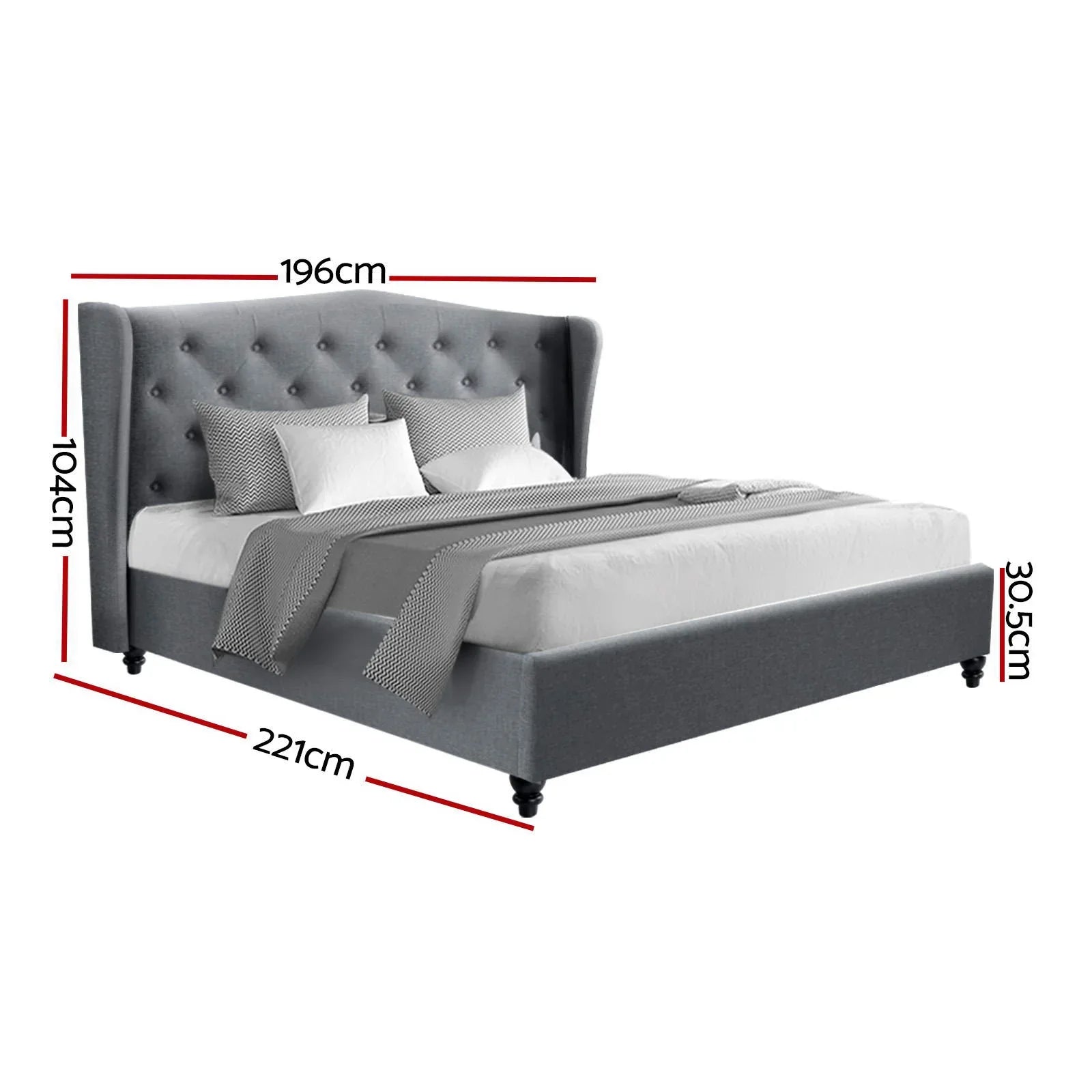 Gray upholstered bed with tufted headboard, decorative pillows, and measured dimensions