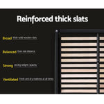 Bed frame with reinforced thick wooden slats, strong 300kg capacity, even slat distance, and ventilation