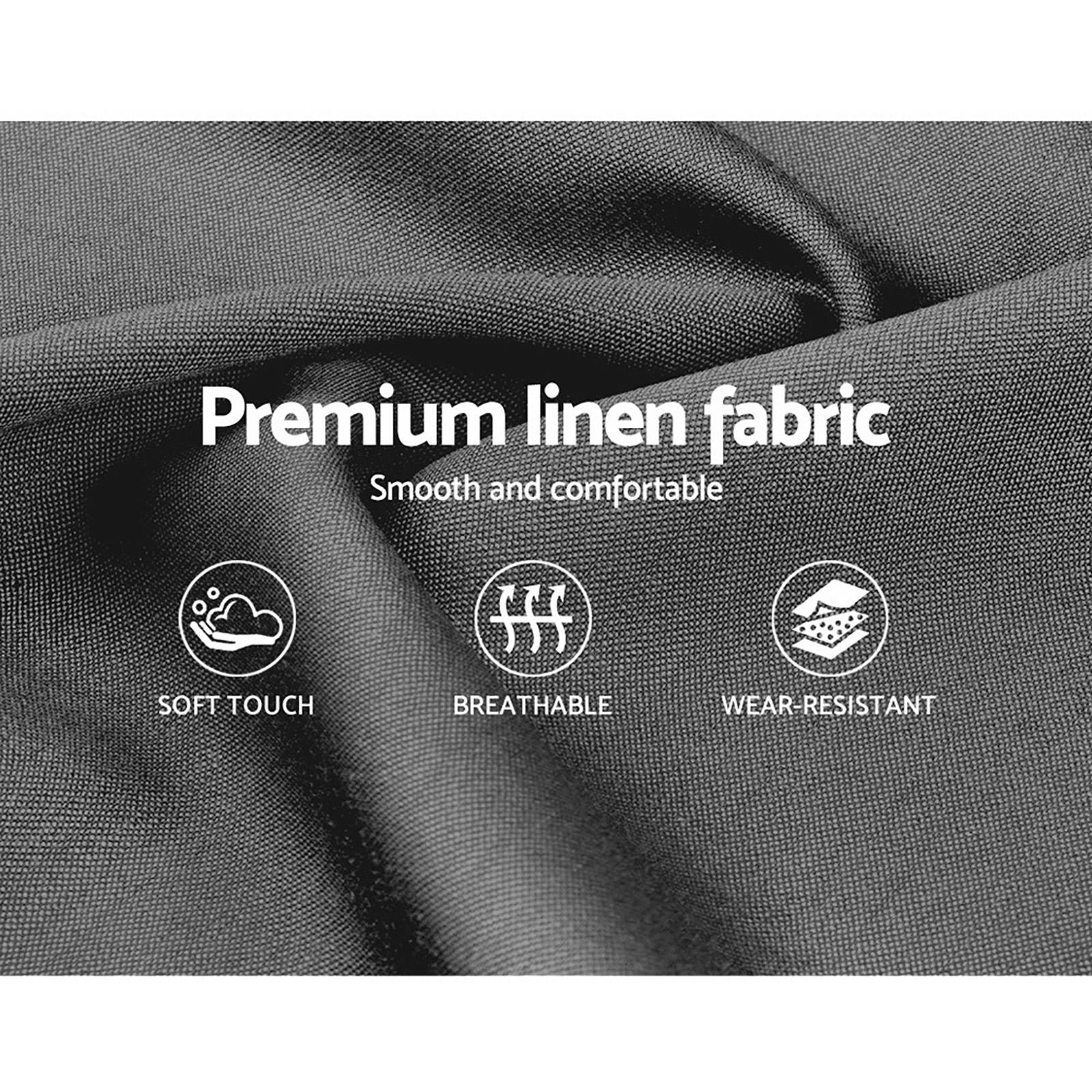 Close-up of gray premium linen fabric with text highlighting soft touch, breathable, wear-resistant features