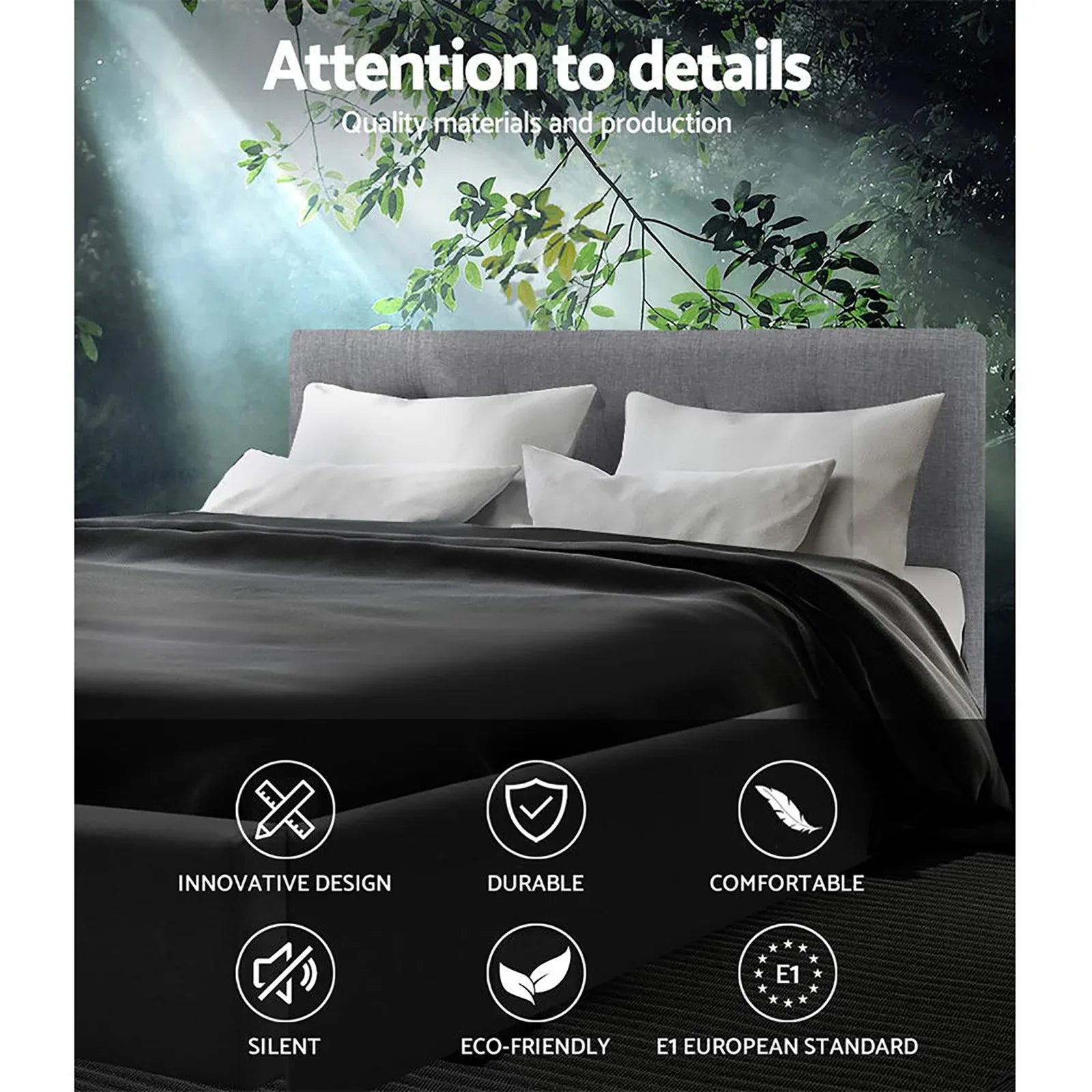 Modern gray upholstered bed with white pillows and black bedding under green leafy background and quality features icons